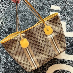 Auth GUCCI Brown GG Canvas and Yellow Patent Leather Tote Shoulder Bag